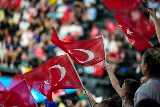 Australia v Turkiye - FIBA U17, U 17 Basketball World Cup 2026 Turkish fans wave Turkish flags during the FIBA U17 Basketball World Cup third place game between Turkey and Australia at BDC Main Venue on July 5, 2026, in Istanbul, Turkey. Istanbul Istanbul Turkey  Copyright: xYagizxGurtugx originalFilename:gurtug-trkiyeva260705_np3d4.jpg
