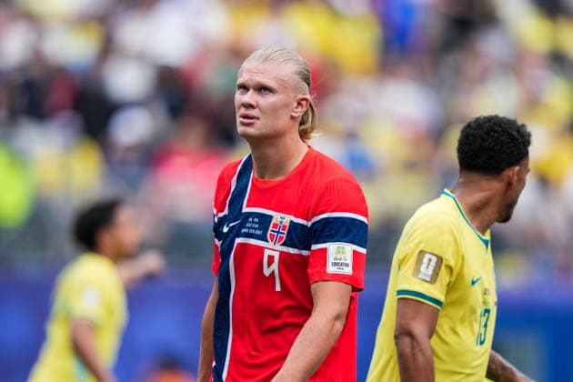 Fotball-VM 2026: Brasil - Norge East Rutherford, New Jersey , USA 20260705. Norges Erling Braut Haaland under 8-delsfinalen mellom Brasil og Norge under fotball-VM 2026 pa New Jersey stadion. Foto: Fredrik Varfjell NTB East Rutherford, New Jersey USA EDITORIAL USE ONLY. RESTRICTED USE FOR BETTING COMPANIES Ref:_SPOEBKK5zrtFn8.jpg *** 2026 FIFA World Cup Brazil Norway East Rutherford, New Jersey, USA 20260705 Norway’s Erling Braut Haaland during the Round of 16 match between Brazil and Norway at the 2026 FIFA World Cup at New Jersey Stadium. Photo: Fredrik Varfjell, NTB East Rutherford, New Jersey, USA EDITORIAL USE ONLY RESTRICTED USE FOR BETTING COMPANIES  Copyright: xFredrikxVarfjellx xNTBx