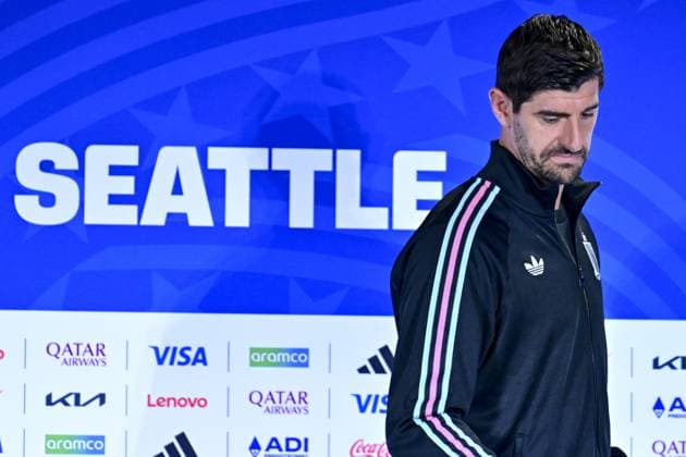 Belgium s goalkeeper Thibaut Courtois pictured during a press conference, PK, Pressekonferenz of Belgian national soccer team Red Devils, on Saturday 04 July 2026 in their base camp, home of the Seattle Sounders, Renton, Seattle, USA. The Rode Duivels - Diables Rouges qualified for the knockout stage of the 2026 FIFA World Cup, WM, Weltmeisterschaft, Fussball where they ll meet USA in the round of 16 on July 7th. DIRKxWAEM  x180456600x
