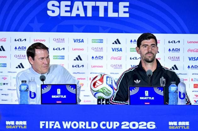 Belgium s head coach Rudi Garcia and Belgium s goalkeeper Thibaut Courtois pictured during a press conference, PK, Pressekonferenz of Belgian national soccer team Red Devils, on Saturday 04 July 2026 in their base camp, home of the Seattle Sounders, Renton, Seattle, USA. The Rode Duivels - Diables Rouges qualified for the knockout stage of the 2026 FIFA World Cup, WM, Weltmeisterschaft, Fussball where they ll meet USA in the round of 16 on July 7th. DIRKxWAEM  x180456662x