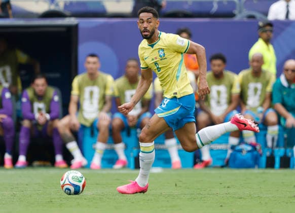 Brazil s Matheus Cunha brings the ball downfield against Norway in the first half of a Round of 16 FIFA World Cup, WM, Weltmeisterschaft, Fussball match at New York New Jersey Stadium in East Rutherford, New Jersey, on Sunday, July 5, 2026.  NYP20260705911 JOHNxANGELILLO