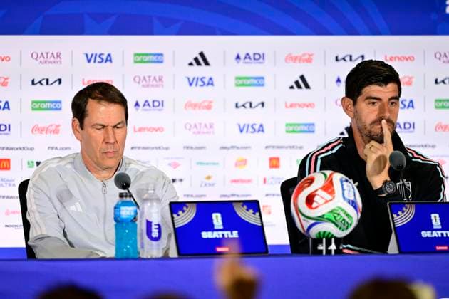 Belgian national football team - FIFA World Cup, WM, Weltmeisterschaft, Fussball 2026 - media activities 05 07 2026 SEATTLE, UNITED STATES OF AMERICA - JULY 05 : Garcia Rudi head coach of Belgium and Courtois Thibaut goalkeeper of Belgium pictured during a press conference, PK, Pressekonferenz at the Lumen Field Stadium prior to the USA vs Belgium Round of 16 match during the 2026 FIFA World Cup on July 5, 2026 in Seattle, United States of America, 05 07 2026 Seattle United States of America  Copyright: xJanxDexMeuleneirx