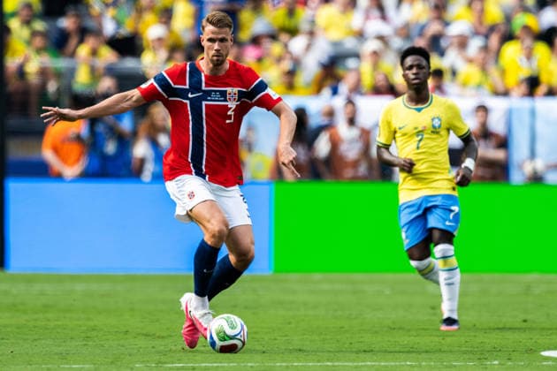 260705 Kristoffer Ajer of Norway during the FIFA World Cup, WM, Weltmeisterschaft, Fussball 2026 round of 16 football match between Brazil and Norway on July 5, 2026 in New Jersey. Photo: Vegard Grott BILDBYRAN kod VG VG0982 bbeng fotboll football soccer fotball vm fotbolls-vm fotball-vm fotbolls-vm 2026 fifa world cup 2026 new york 8-delsfinale round of 16 brasilien brazil brasil norge norway *** July 5, 2026: Kristoffer Ajer of Norway during the FIFA World Cup 2026 Round of 16 soccer match between Brazil and Norway on July 5, 2026 in New Jersey. Photo by Vegard Grott, BILDBYRAN. Code: VG VG0982 bbeng soccer football fotball World Cup soccer World Cup fotball World Cup soccer World Cup 2026 FIFA World Cup 2026 New York Round of 16 Brazil Brazil Norway  Copyright: VEGARDxGRoTT BB260705VG044