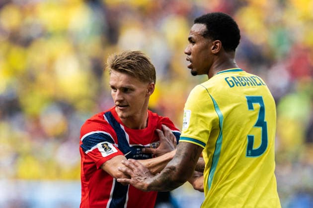260705 Martin odegaard of Norway and Gabriel Magalhaes of Brazil during the FIFA World Cup, WM, Weltmeisterschaft, Fussball 2026 round of 16 football match between Brazil and Norway on July 5, 2026 in New Jersey. Photo: Vegard Grott BILDBYRAN kod VG VG0982 bbeng fotboll football soccer fotball vm fotbolls-vm fotball-vm fotbolls-vm 2026 fifa world cup 2026 new york 8-delsfinale round of 16 brasilien brazil brasil norge norway *** July 5, 2026: Martin Ødegaard of Norway and Gabriel Magalhães of Brazil during the FIFA World Cup 2026 Round of 16 soccer match between Brazil and Norway on July 5, 2026 in New Jersey. Photo by Vegard Grott, BILDBYRAN. Code: VG VG0982 bbeng soccer football fotball World Cup 2026 FIFA World Cup 2026 New York Round of 16 Brazil Brazil Norway  Copyright: VEGARDxGRoTT BB260705VG048