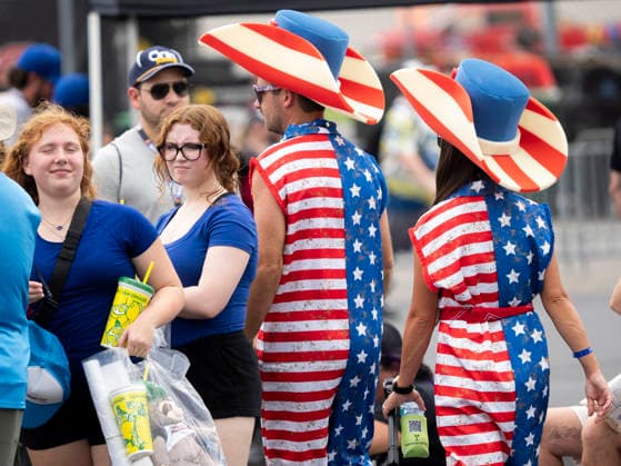 JOLIET, IL - JULY 05: Fans wear red, white, and blue outfits before the NASCAR, Motorsport, USA Cup Series eero 400 on July 5, 2026, at Chicagoland Speedway in Joliet, IL. (Photo by Joseph Weiser Icon Sportswire) AUTO: JUL 05 NASCAR Cup Series eero 400 EDITORIAL USE ONLY Icon260705023400