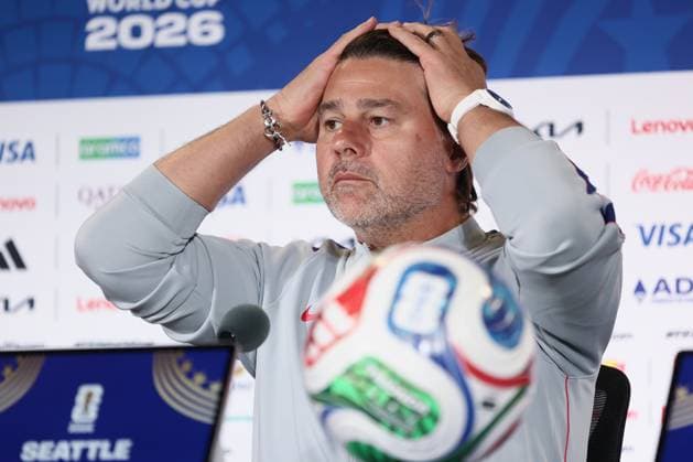 US team head coach Mauricio Pochettino pictured during a press conference, PK, Pressekonferenz of US national soccer team, on Sunday 05 July 2026 at the Seattle Lumen field stadium, USA. The US team is playing against The Rode Duivels - Diables Rouges for the knockout stage of the 2026 FIFA World Cup, WM, Weltmeisterschaft, Fussball 16 1 of finals, on July 6th. BRUNOxFAHY  x180461664x