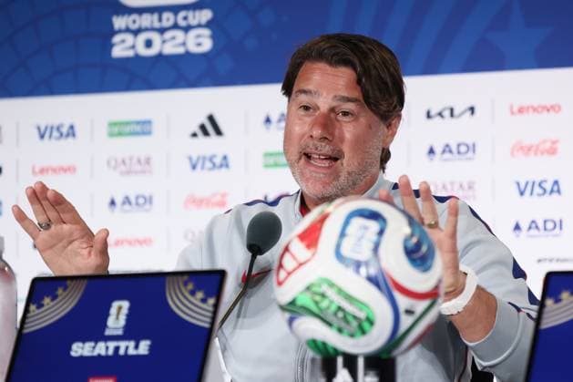 US team head coach Mauricio Pochettino pictured during a press conference, PK, Pressekonferenz of US national soccer team, on Sunday 05 July 2026 at the Seattle Lumen field stadium, USA. The US team is playing against The Rode Duivels - Diables Rouges for the knockout stage of the 2026 FIFA World Cup, WM, Weltmeisterschaft, Fussball 16 1 of finals, on July 6th. BRUNOxFAHY  x180461754x
