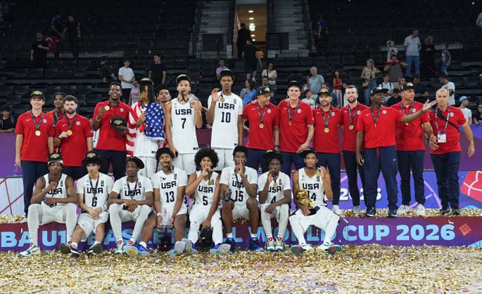 United States v Serbia - FIBA U17, U 17 Basketball World Cup ISTANBUL, TURKIYE - JULY 5: Players of US celebrate victory after beating Serbia during the FIBA Under-17 Basketball World Cup final game between US and Serbia at the Basketball Development Center in Istanbul, Turkiye, on July 5, 2026. Esra Bilgin Anadolu Istanbul Turkey. Editorial use only. Please get in touch for any other usage.  Copyright: x2026xAnadoluxEsraxBilginx