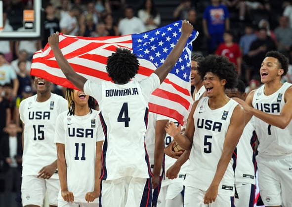 United States v Serbia - FIBA U17, U 17 Basketball World Cup ISTANBUL, TURKIYE - JULY 5: Players of US celebrate victory after beating Serbia during the FIBA Under-17 Basketball World Cup final game between US and Serbia at the Basketball Development Center in Istanbul, Turkiye, on July 5, 2026. Esra Bilgin Anadolu Istanbul Turkey. Editorial use only. Please get in touch for any other usage.  Copyright: x2026xAnadoluxEsraxBilginx