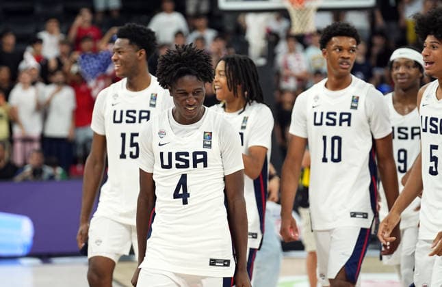 United States v Serbia - FIBA U17, U 17 Basketball World Cup ISTANBUL, TURKIYE - JULY 5: Players of US celebrate victory after beating Serbia during the FIBA Under-17 Basketball World Cup final game between US and Serbia at the Basketball Development Center in Istanbul, Turkiye, on July 5, 2026. Esra Bilgin Anadolu Istanbul Turkey. Editorial use only. Please get in touch for any other usage.  Copyright: x2026xAnadoluxEsraxBilginx
