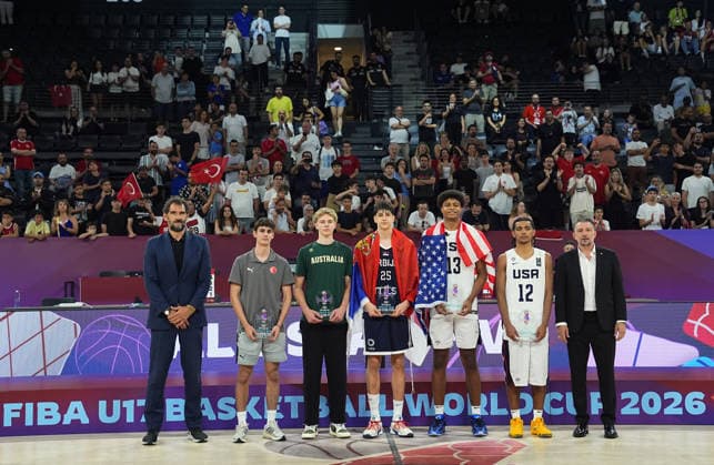 United States v Serbia - FIBA U17, U 17 Basketball World Cup ISTANBUL, TURKIYE - JULY 5: Turkish player Omer Kutluay (2nd L), Australia s Luke Paul (3rd L), USA s Beckham Black (2nd R), USA s Joaquim Boumtje Boumtje (3rd R) and Serbia s Nikola Kusturica (4th R) are selected for the All-Tournament team as the FIBA Under-17 Basketball World Cup concludes after the classification, third-place, and final matches, where the United States defeated Serbia 107-81 to claim the championship title, at the Turkcell Basketball Development Center in Istanbul, Turkiye, on July 5, 2026. Esra Bilgin Anadolu Istanbul Turkey. Editorial use only. Please get in touch for any other usage.  Copyright: x2026xAnadoluxEsraxBilginx