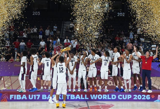 United States v Serbia - FIBA U17, U 17 Basketball World Cup ISTANBUL, TURKIYE - JULY 5: Players of US celebrate victory after beating Serbia during the FIBA Under-17 Basketball World Cup final game between US and Serbia at the Basketball Development Center in Istanbul, Turkiye, on July 5, 2026. Esra Bilgin Anadolu Istanbul Turkey. Editorial use only. Please get in touch for any other usage.  Copyright: x2026xAnadoluxEsraxBilginx
