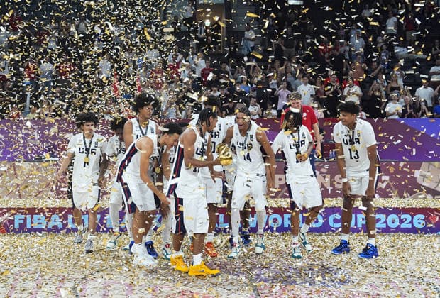 United States v Serbia - FIBA U17, U 17 Basketball World Cup ISTANBUL, TURKIYE - JULY 5: Players of US celebrate victory after beating Serbia during the FIBA Under-17 Basketball World Cup final game between US and Serbia at the Basketball Development Center in Istanbul, Turkiye, on July 5, 2026. Esra Bilgin Anadolu Istanbul Turkey. Editorial use only. Please get in touch for any other usage.  Copyright: x2026xAnadoluxEsraxBilginx
