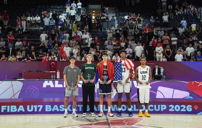 United States v Serbia - FIBA U17, U 17 Basketball World Cup ISTANBUL, TURKIYE - JULY 5: Turkish player Omer Kutluay (L), Australia s Luke Paul (2nd L), USA s Beckham Black (R), USA s Joaquim Boumtje Boumtje (2nd R) and Serbia s Nikola Kusturica (C) are selected for the All-Tournament team as the FIBA Under-17 Basketball World Cup concludes after the classification, third-place, and final matches, where the United States defeated Serbia 107-81 to claim the championship title, at the Turkcell Basketball Development Center in Istanbul, Turkiye, on July 5, 2026. Esra Bilgin Anadolu Istanbul Turkey. Editorial use only. Please get in touch for any other usage.  Copyright: x2026xAnadoluxEsraxBilginx