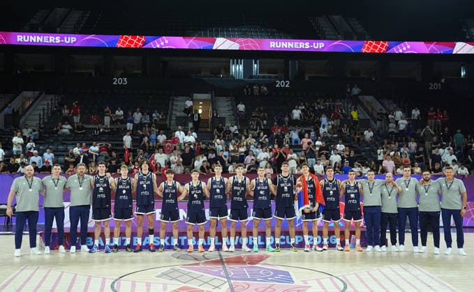 United States v Serbia - FIBA U17, U 17 Basketball World Cup ISTANBUL, TURKIYE - JULY 5: Players of Serbia pose for a team photo as they finish the tournament as the runners-up, securing the silver medal after a defeat to the United States during the FIBA Under-17 Basketball World Cup final game between US and Serbia at the Basketball Development Center in Istanbul, Turkiye, on July 5, 2026. Esra Bilgin Anadolu Istanbul Turkey. Editorial use only. Please get in touch for any other usage.  Copyright: x2026xAnadoluxEsraxBilginx