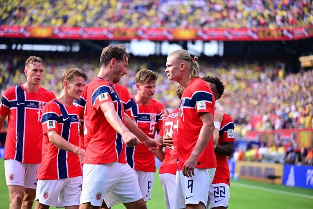 Brazil v Norway - FIFA World Cup, WM, Weltmeisterschaft, Fussball 2026 - Round of 16 NEW JERSEY, UNITED STATES - JULY 05: Erling Haaland of Norway celebrates after scoring a goal during the FIFA World Cup 2026 Round of 16 match between Brazil and Norway at New Jersey Stadium (MetLife Stadium) in East Rutherford, New Jersey, USA, on July 05, 2026. Abdulhamid Hosbas Anadolu New Jersey United States. Editorial use only. Please get in touch for any other usage.  Copyright: x2026xAnadoluxAbdulhamidxHosbasx