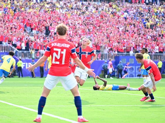 Brazil v Norway - FIFA World Cup, WM, Weltmeisterschaft, Fussball 2026 - Round of 16 NEW JERSEY, UNITED STATES - JULY 05: Erling Haaland of Norway celebrates after scoring a goal during the FIFA World Cup 2026 Round of 16 match between Brazil and Norway at New Jersey Stadium (MetLife Stadium) in East Rutherford, New Jersey, USA, on July 05, 2026. Abdulhamid Hosbas Anadolu New Jersey United States. Editorial use only. Please get in touch for any other usage.  Copyright: x2026xAnadoluxAbdulhamidxHosbasx