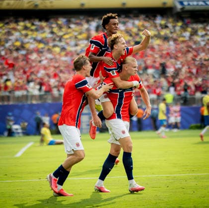 New York New Jersey, USA 05th Jul 2026. Goal celebration Erling Haaland (NOR) Andreas Schjelderup (NOR) Oscar Bobb (NOR) Brasil - Norway World Cup Brasilien - Norwegen 05.07.2026 *** New York, New Jersey, USA, July 5, 2026 Goal celebration Erling Haaland (NOR) Andreas Schjelderup (NOR) Oscar Bobb (NOR) Brazil Norway World Cup Brazil Norway July 5, 2026