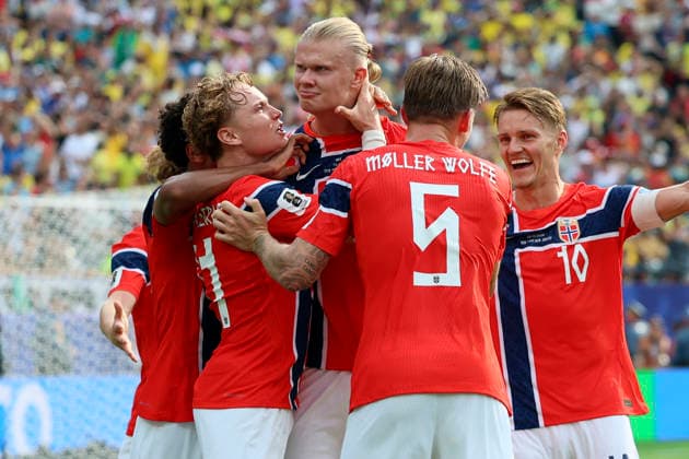 Brazil v Norway: Round of 16 - FIFA World Cup, WM, Weltmeisterschaft, Fussball 2026 David Moller Wolfe, Oscar Bobb, Andreas Schjelderup, Martin Odegaard and Erling Haaland of Norway celebrate 1st goal during the FIFA World Cup 2026 Round Of 16 match between Brazil and Norway at New York New Jersey Stadium on July 5, 2026 in East Rutherford, New Jersey. East Rutherford New York New Jersey Stadium NJ United States Copyright: xAllstarxPicturexLibraryxLtdx