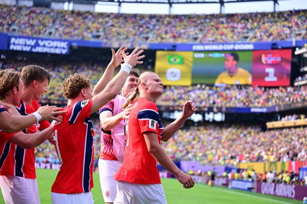 Brazil v Norway - FIFA World Cup, WM, Weltmeisterschaft, Fussball 2026 - Round of 16 NEW JERSEY, UNITED STATES - JULY 05: Erling Haaland of Norway celebrates after scoring a goal during the FIFA World Cup 2026 Round of 16 match between Brazil and Norway at New Jersey Stadium (MetLife Stadium) in East Rutherford, New Jersey, USA, on July 05, 2026. Abdulhamid Hosbas Anadolu New Jersey United States. Editorial use only. Please get in touch for any other usage.  Copyright: x2026xAnadoluxAbdulhamidxHosbasx