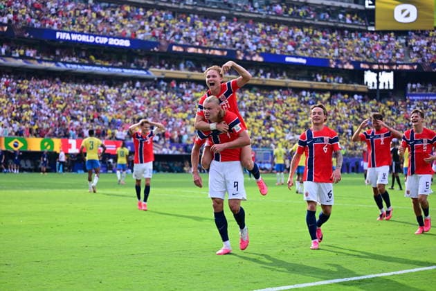 Brazil v Norway - FIFA World Cup, WM, Weltmeisterschaft, Fussball 2026 - Round of 16 NEW JERSEY, UNITED STATES - JULY 05: Erling Haaland of Norway celebrates after scoring a goal during the FIFA World Cup 2026 Round of 16 match between Brazil and Norway at New Jersey Stadium (MetLife Stadium) in East Rutherford, New Jersey, USA, on July 05, 2026. Abdulhamid Hosbas Anadolu New Jersey United States. Editorial use only. Please get in touch for any other usage.  Copyright: x2026xAnadoluxAbdulhamidxHosbasx