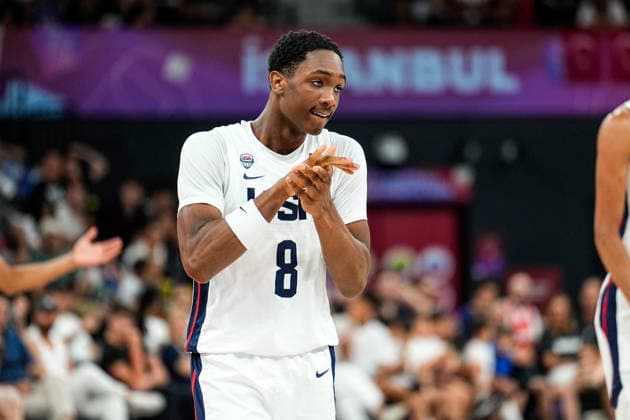 United States v Serbia: Final - FIBA U17, U 17 Basketball World Cup 2026 Jordan Page of the United States reacts during the FIBA U17 Basketball World Cup final match between the United States and Serbia at BDC Main Venue in Istanbul, Turkey, on July 5, 2026. Istanbul Istanbul Turkey  Copyright: xYagizxGurtugx originalFilename:gurtug-usavserb260705_npzaL.jpg