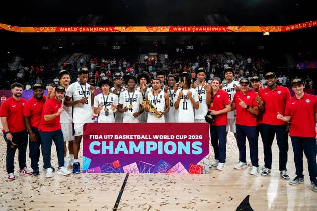 United States v Serbia: Final - FIBA U17, U 17 Basketball World Cup 2026 Team USA poses with the FIBA U17 Basketball World Cup trophy after the final match between the United States and Serbia at BDC Main Venue in Istanbul, Turkey, on July 5, 2026. Istanbul Istanbul Turkey  Copyright: xYagizxGurtugx originalFilename:gurtug-usavserb260705_npAtW.jpg