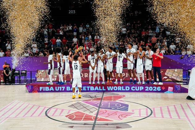 United States v Serbia: Final - FIBA U17, U 17 Basketball World Cup 2026 Team USA lifts the trophy and celebrates their World Cup championship title after the FIBA U17 Basketball World Cup final match between the United States and Serbia at BDC Main Venue in Istanbul, Turkey, on July 5, 2026. Istanbul Istanbul Turkey  Copyright: xYagizxGurtugx originalFilename:gurtug-usavserb260705_npm40.jpg