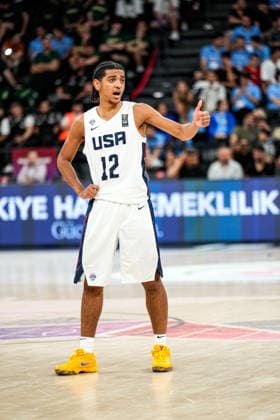 United States v Serbia: Final - FIBA U17, U 17 Basketball World Cup 2026 Beckham Black of the United States gestures during the FIBA U17 Basketball World Cup final match between the United States and Serbia at BDC Main Venue in Istanbul, Turkey, on July 5, 2026. Istanbul Istanbul Turkey  Copyright: xYagizxGurtugx originalFilename:gurtug-usavserb260705_np4nd.jpg