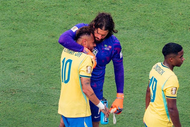 FIFA Fussball Weltmeisterschaft 2026, Achtelfinale, Brasilien vs. Norwegen, 05.07.2026, New Jersey Stadion Neymar Junior Jr in Tränen am Beten in Trauer Enttäuschung Alisson Endrick *** 2026 FIFA World Cup, Round of 16, Brazil vs. Norway, July 5, 2026, New Jersey Stadium: Neymar Jr. in tears, praying, mourning, disappointed; Alisson, Endrick Copyright: xBahhoxKarax