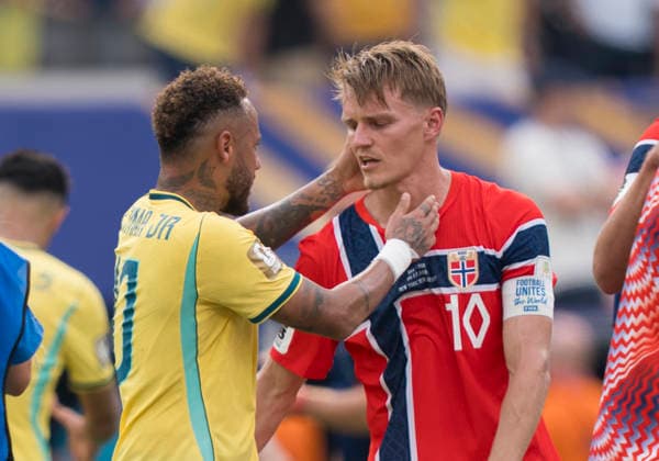 Neymar (Brazil, 10) und Martin Odegaard (Norway, 10) FIFA World Cup, WM, Weltmeisterschaft, Fussball 2026: Brazil v Norway 05 July 2026, FIFA World Cup 2026: Brazil v Norway (Round of 16) at New York New Jersey Stadium in East Rutherford, New Jersey, USA. *** Neymar (Brazil), 10, and Martin Odegaard (Norway), 10; 2026 FIFA World Cup: Brazil vs. Norway, July 5, 2026; 2026 FIFA World Cup: Brazil vs. Norway, Round of 16, at New York New Jersey Stadium in East Rutherford, New Jersey, USA Copyright: HMBxMedia xMarcoxBader