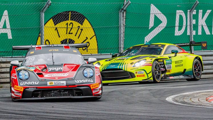 Bastian Buus (DEN, Porsche, Land-Motorsport) vor Nicolas Baert (BEL, Aston Martin, Comtoyou Racing), 05.07.2026, Nürnberg (Deutschland), Motorsport, DTM, Norisring Nürnberg 2026 *** Bastian Buus (DEN), Porsche, Land Motorsport, ahead of Nicolas Baert (BEL), Aston Martin, Comtoyou Racing, July 5, 2026, Nuremberg, Germany, Motorsports, DTM, Norisring Nuremberg 2026 xprx