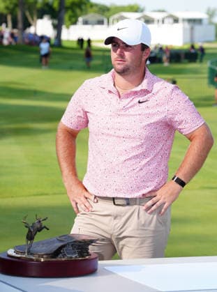 SILVIS, IL - JULY 05: PGA, Golf Herren golfer Chris Gotterup waits to speak during the trophy ceremony after winning the John Deere Classic on July 5, 2026, at TPC Deere Run in Silvis, Illinois. (Photo by Brian Spurlock Icon Sportswire) GOLF: JUL 05 PGA John Deere Classic EDITORIAL USE ONLY Icon26070519