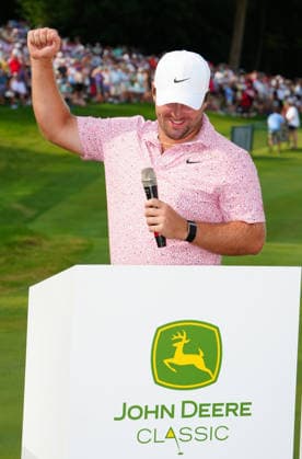 SILVIS, IL - JULY 05: PGA, Golf Herren golfer Chris Gotterup reacts while speaking during the trophy ceremony after winning the John Deere Classic on July 5, 2026, at TPC Deere Run in Silvis, Illinois. (Photo by Brian Spurlock Icon Sportswire) GOLF: JUL 05 PGA John Deere Classic EDITORIAL USE ONLY Icon26070522