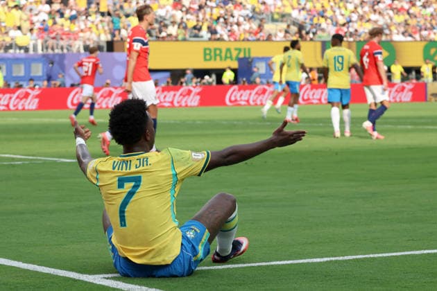 Brazil s Vinicius Junior reacts in a FIFA World Cup, WM, Weltmeisterschaft, Fussball 2026 match between Brazil and Norway at MetLife Stadium in New Jersey, United States 05 July 2026. FIFA World Cup 2026: Brazil - Norway !ACHTUNG: NUR REDAKTIONELLE NUTZUNG!  Copyright: xOctavioxGuzmanx AMDEP8251 20260705-55020811154_1