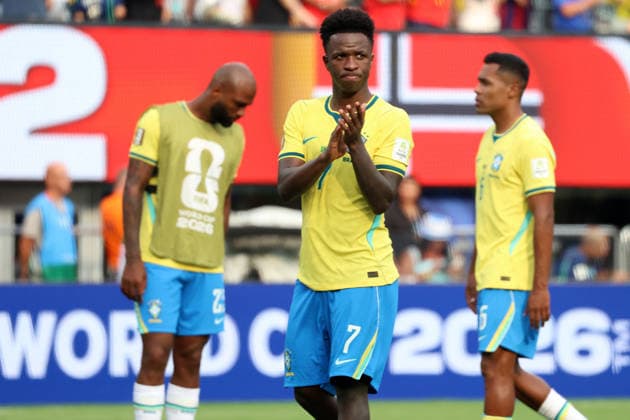 Vinicius Junior from Brazil reacts at the end of a 2026 FIFA World Cup, WM, Weltmeisterschaft, Fussball match between Brazil and Norway at MetLife Stadium in New Jersey, United States 05 July 2026. FIFA World Cup 2026: Brazil - Norway !ACHTUNG: NUR REDAKTIONELLE NUTZUNG!  Copyright: xOctavioxGuzmanx AMDEP8265 20260705-55020811186_1