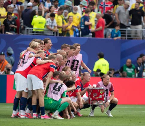 Norway players celebrated their qualification for the round during the FIFA World Cup, WM, Weltmeisterschaft, Fussball 2026 :Round of 16 Brazil v. Norway 5 July 2026 NEW YORK NEW JERSEY New Jersey Stadium USA By IMAGO Didier Lefa Studio Desire Ameka NEW YORK NEW JERSEY Stadium United State of America