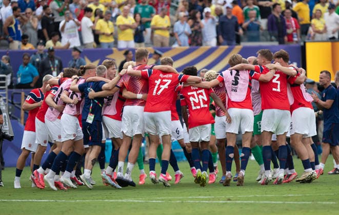 Norway players celebrated their qualification for the round during the FIFA World Cup, WM, Weltmeisterschaft, Fussball 2026 :Round of 16 Brazil v. Norway 5 July 2026 NEW YORK NEW JERSEY New Jersey Stadium USA By IMAGO Didier Lefa Studio Desire Ameka NEW YORK NEW JERSEY Stadium United State of America