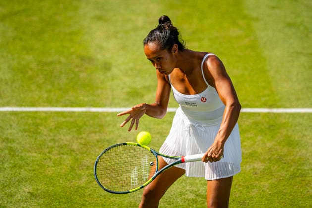 RECORD DATE NOT STATED 5th July 2026; All England Lawn Tennis and Croquet Club, London, England; Wimbledon Tennis Tournament, Day Seven; Leylah Fernandez (CAN) plays a volley in her second round match with Joe Salisbury (GBR) against Ben Jones (GBR) and Maia Lumsden (GBR) GodfreyxPitt