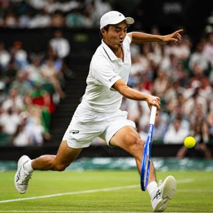 RECORD DATE NOT STATED 5th July 2026; All England Lawn Tennis and Croquet Club, London, England; Wimbledon Tennis Tournament, Day Seven; Shintaro Mochizuki (JPN) plays a forehand in his forth round match against Jannik Sinner (ITA) GodfreyxPitt