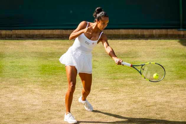RECORD DATE NOT STATED 5th July 2026; All England Lawn Tennis and Croquet Club, London, England; Wimbledon Tennis Tournament, Day Seven; Leylah Fernandez (CAN) plays a forehand in her second round match with Joe Salisbury (GBR) against Ben Jones (GBR) and Maia Lumsden (GBR) GodfreyxPitt