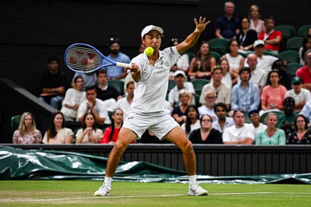 RECORD DATE NOT STATED 5th July 2026; All England Lawn Tennis and Croquet Club, London, England; Wimbledon Tennis Tournament, Day Seven; Shintaro Mochizuki (JPN) plays a forehand in his fourth round match against Jannik Sinner (ITA) GodfreyxPitt