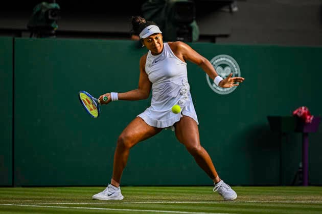 RECORD DATE NOT STATED 5th July 2026; All England Lawn Tennis and Croquet Club, London, England; Wimbledon Tennis Tournament, Day Seven; Naomi Osaka (JPN) plays a forehand in her fourth round match against Aryna Sabalenka GodfreyxPitt