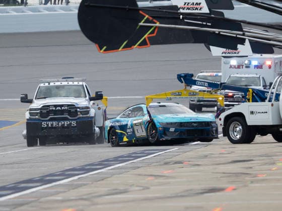 JOLIET, IL - JULY 05: Ryan Preece ( 60 RFK Racing Mariano s Athletic Brewing Ford) gets towed to the garage area after a crash during the NASCAR, Motorsport, USA Cup Series eero 400 on July 5, 2026, at Chicagoland Speedway in Joliet, IL. (Photo by Joseph Weiser Icon Sportswire) AUTO: JUL 05 NASCAR Cup Series eero 400 EDITORIAL USE ONLY Icon260705034400