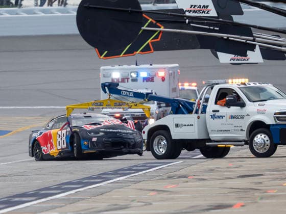 JOLIET, IL - JULY 05: Connor Zilisch ( 88 Trackhouse Racing Red Bull Chevrolet) gets towed to garage area during the NASCAR, Motorsport, USA Cup Series eero 400 on July 5, 2026, at Chicagoland Speedway in Joliet, IL. (Photo by Joseph Weiser Icon Sportswire) AUTO: JUL 05 NASCAR Cup Series eero 400 EDITORIAL USE ONLY Icon260705035400