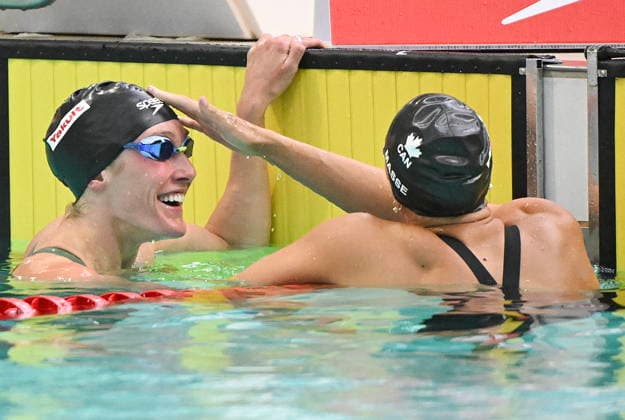 July 5, 2026, Montreal, Pq, Canada: Kylie Masse, right, congratulates Taylor Ruck following the women s 100m backstroke final at the Canadian Swimming Trials in Montreal, on Sunday, July 5, 2026. Canada News - July 5, 2026  - ZUMAc35_ 20260705_zaf_c35_045 Copyright: xGrahamxHughesx