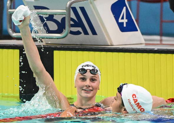 July 5, 2026, Montreal, Pq, Canada: Summer McIntosh, left, reacts after setting a new world in the women s 200m butterfly final at the Canadian Swimming Trials in Montreal, on Sunday, July 5, 2026. Canada News - July 5, 2026  - ZUMAc35_ 20260705_zaf_c35_053 Copyright: xGrahamxHughesx