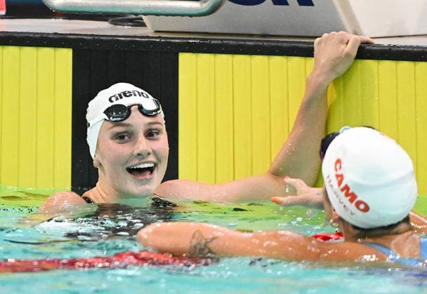 July 5, 2026, Montreal, Pq, Canada: Summer McIntosh, left, reacts after setting a new world in the women s 200m butterfly final at the Canadian Swimming Trials in Montreal, on Sunday, July 5, 2026. Canada News - July 5, 2026  - ZUMAc35_ 20260705_zaf_c35_054 Copyright: xGrahamxHughesx