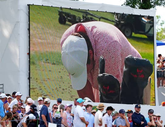 SILVIS, IL - JULY 05: The video board shows PGA, Golf Herren golfer Chris Gotterup reacting on the practice range when he realizes he won the John Deere Classic on July 5, 2026, at TPC Deere Run in Silvis, Illinois. (Photo by Brian Spurlock Icon Sportswire) GOLF: JUL 05 PGA John Deere Classic EDITORIAL USE ONLY Icon26070552