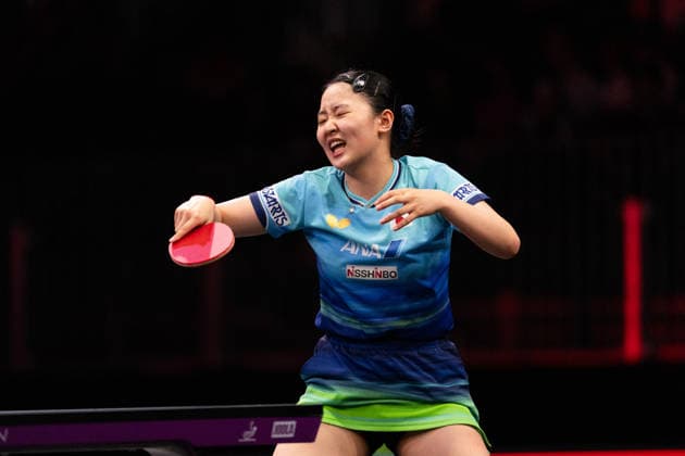 LOS ANGELES, CALIFORNIA - JULY 05: Miwa Harimoto of Japan reacts in the Women s Singles Semifinal match against Kuai Man of China on day 10 of United States Smash 2026 at Ontario Convention Center on July 5, 2026 in Los Angeles, California.  Copyright: xVCGx 111652538233